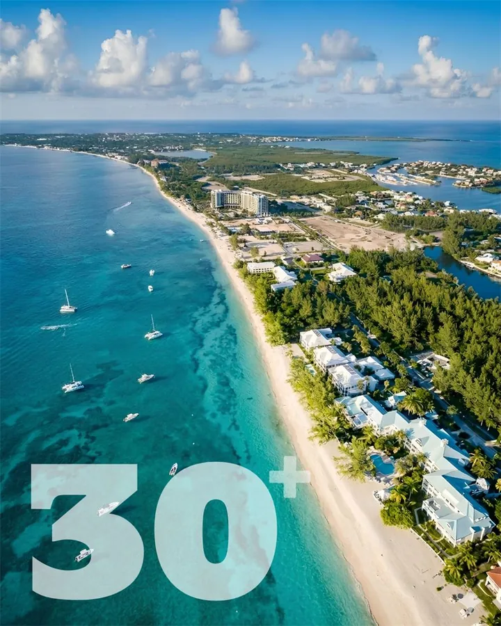 Aerial view of Seven Mile Beach marking 30+ years on island