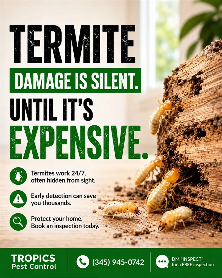 Termites tunnelling through damaged wood beside the caption Termite damage is silent