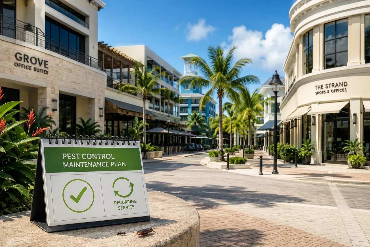Cayman shops and offices plaza with a pest control maintenance plan sign