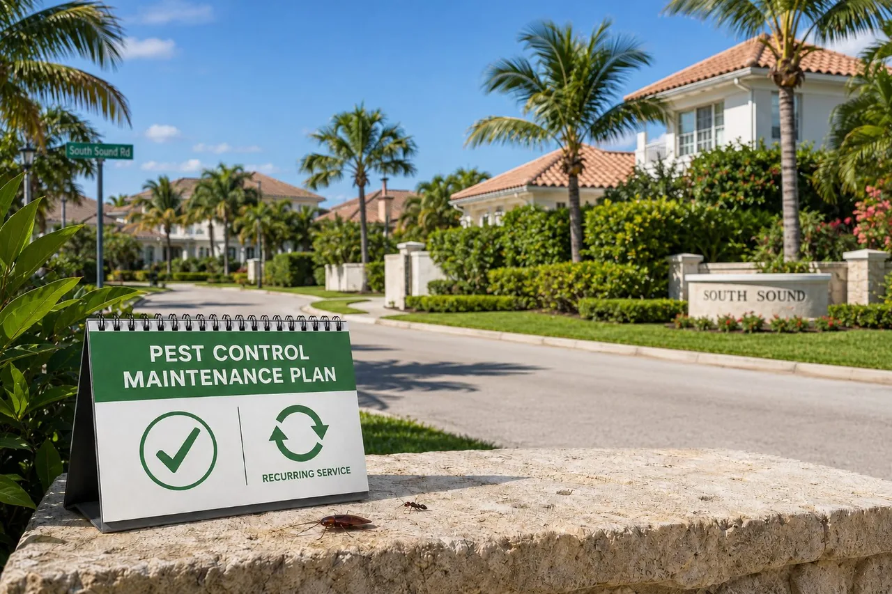 Palm-lined Cayman neighbourhood entrance with a pest control maintenance plan sign